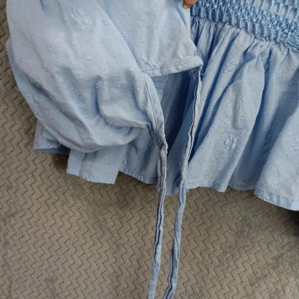 Free People Drive You Mad Women Blue Crocheted Crop Puff Sleeve Top XS Peplum